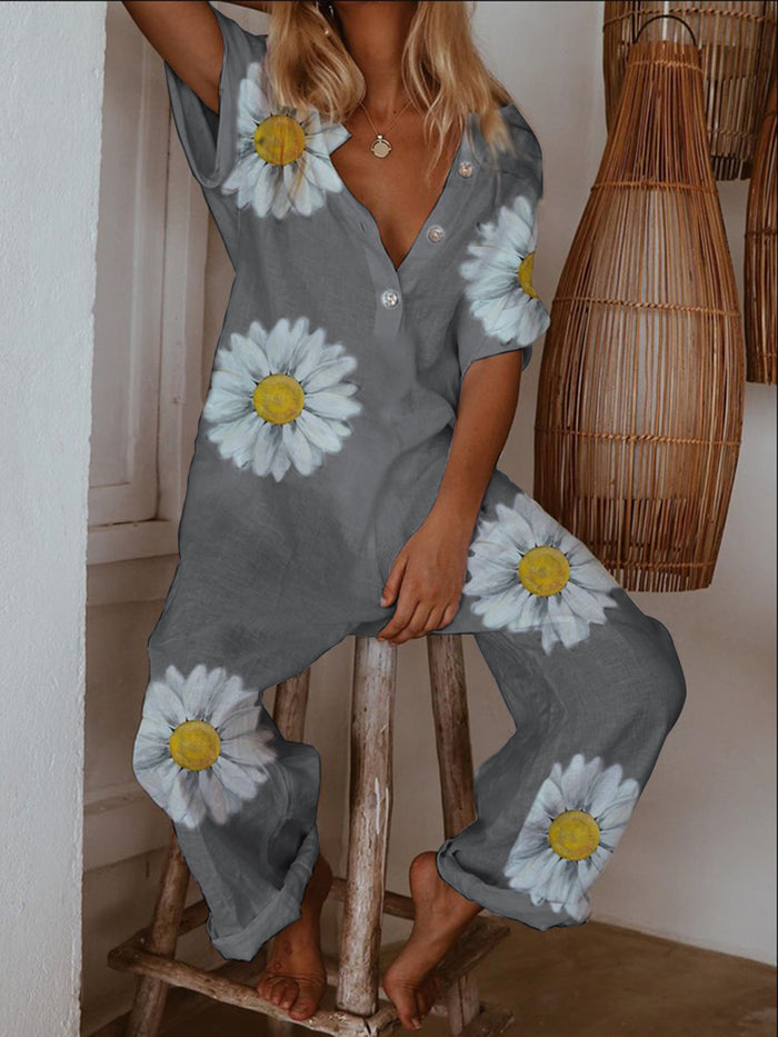 Casual Button Daisy Print Jumpsuit
