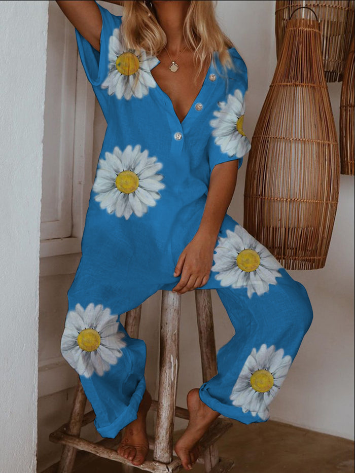 Casual Button Daisy Print Jumpsuit