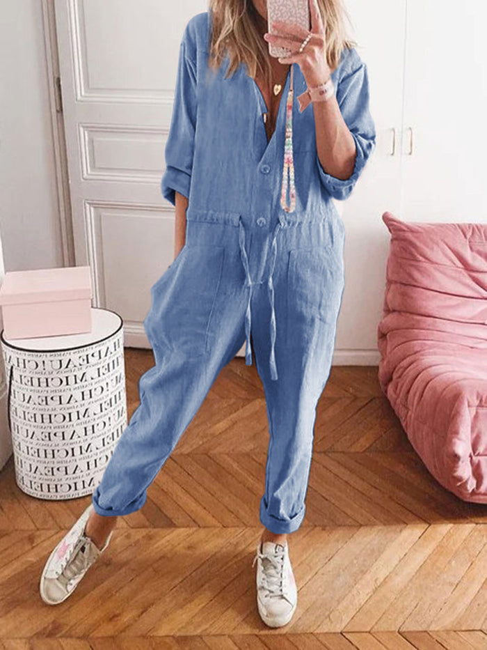 Casual Button Shirt Collar Jumpsuit
