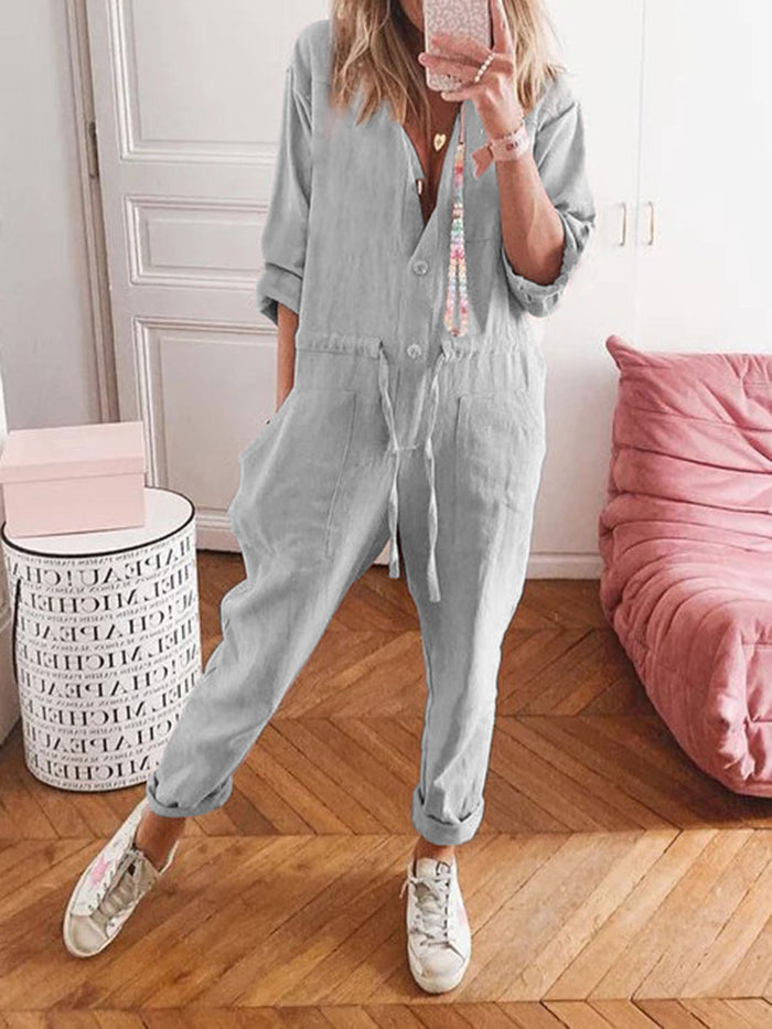 Casual Button Shirt Collar Jumpsuit