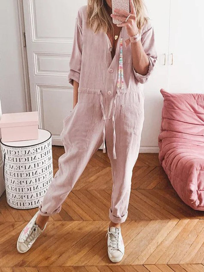 Casual Button Shirt Collar Jumpsuit