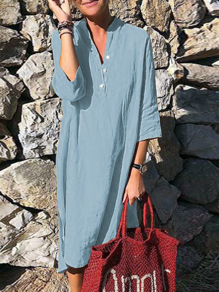 Casual Button V Neck 3/4 Sleeve Dress