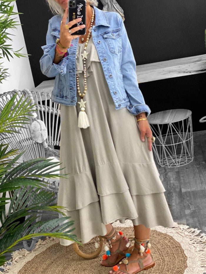 Casual Cotton Dress with Suspenders