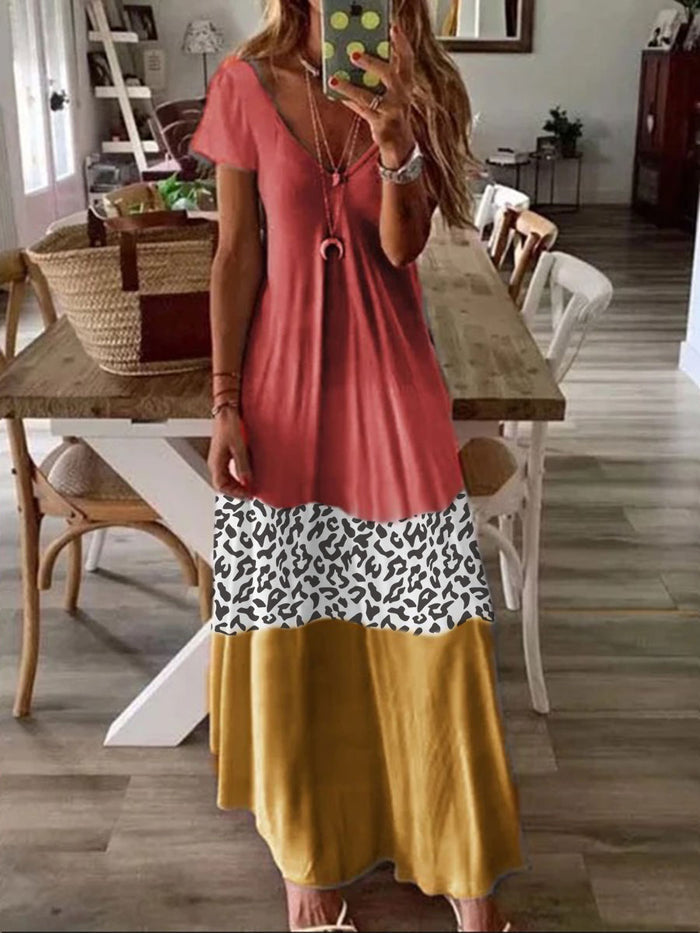 Casual Hanging Tricolor Stitching Leopard Print Dress