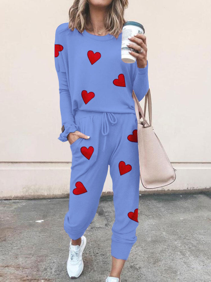 Casual Heart-shaped Printing Two-piece Suit