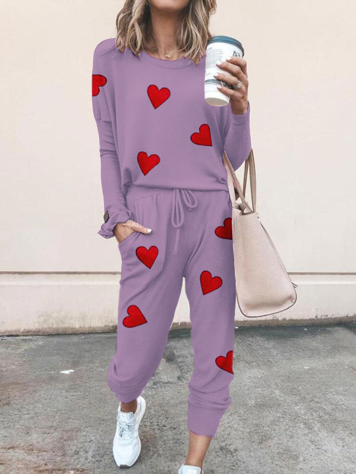 Casual Heart-shaped Printing Two-piece Suit