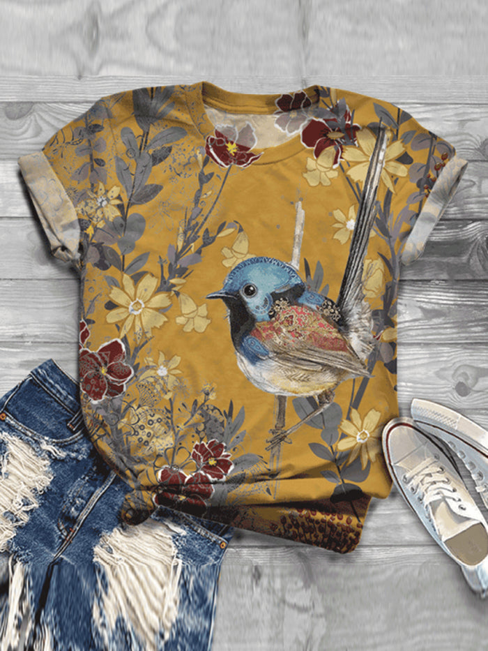 Casual Impression Bird Print Fashion T-shirt