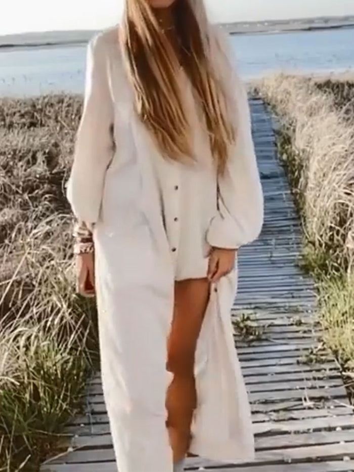 Casual Long Sleeve Button Solid Color Dress