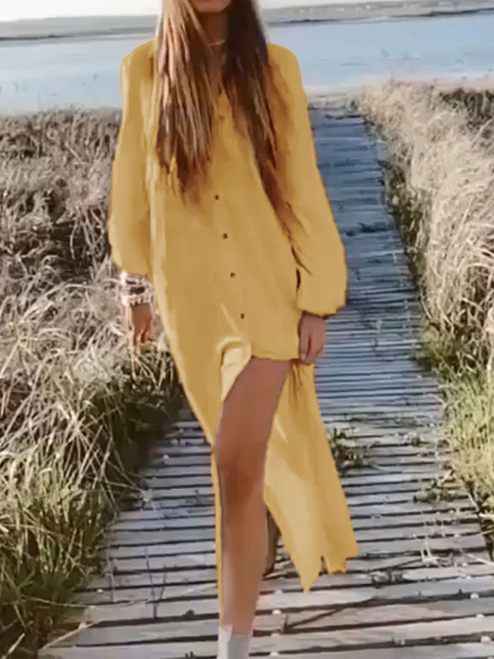 Casual Long Sleeve Button Solid Color Dress