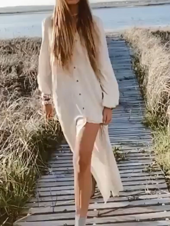 Casual Long Sleeve Button Solid Color Dress