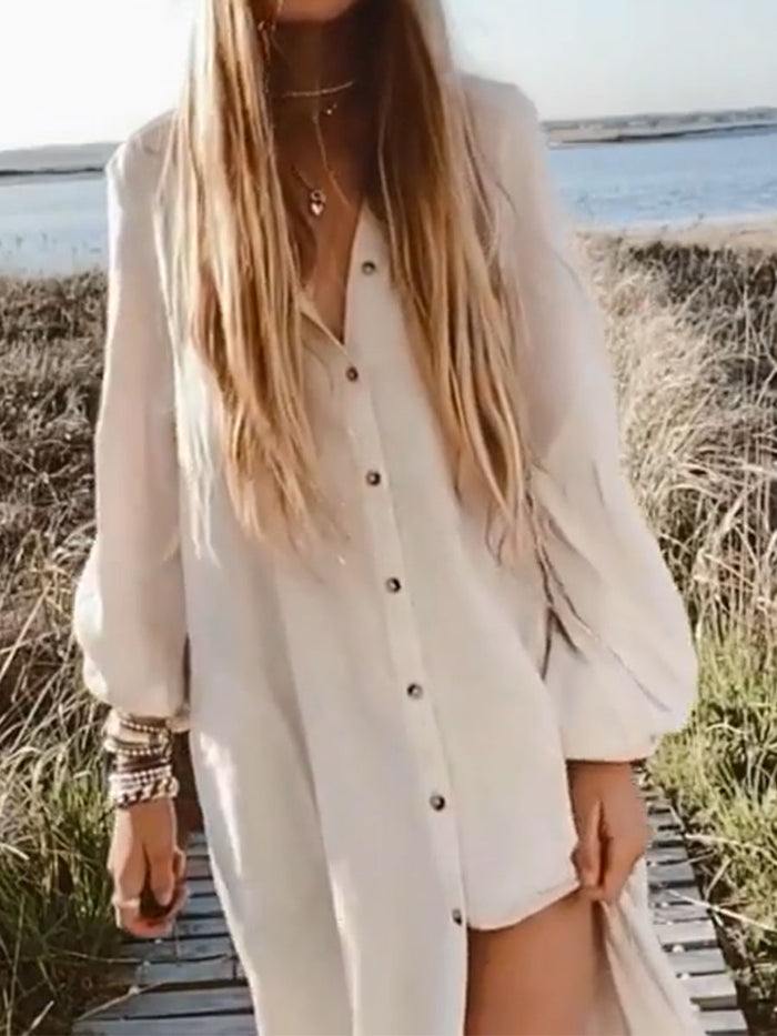 Casual Long Sleeve Button Solid Color Dress