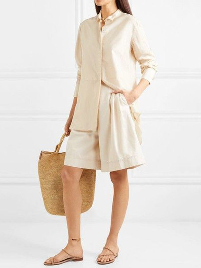 Casual Long Sleeve Button Tops Shorts with Pocket Two-Piece Women's Suit