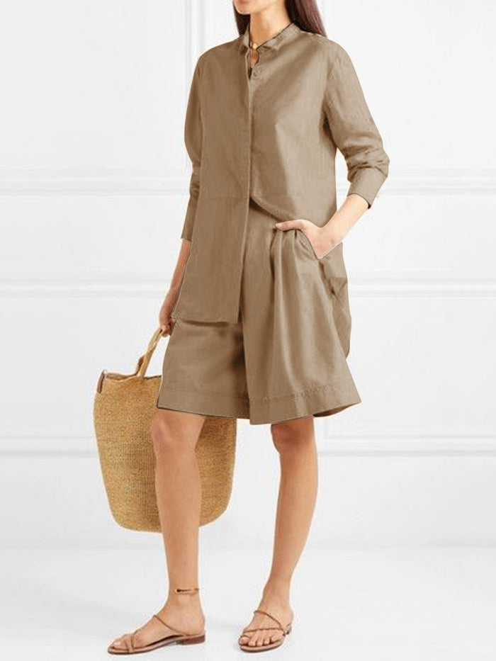 Casual Long Sleeve Button Tops Shorts with Pocket Two-Piece Women's Suit