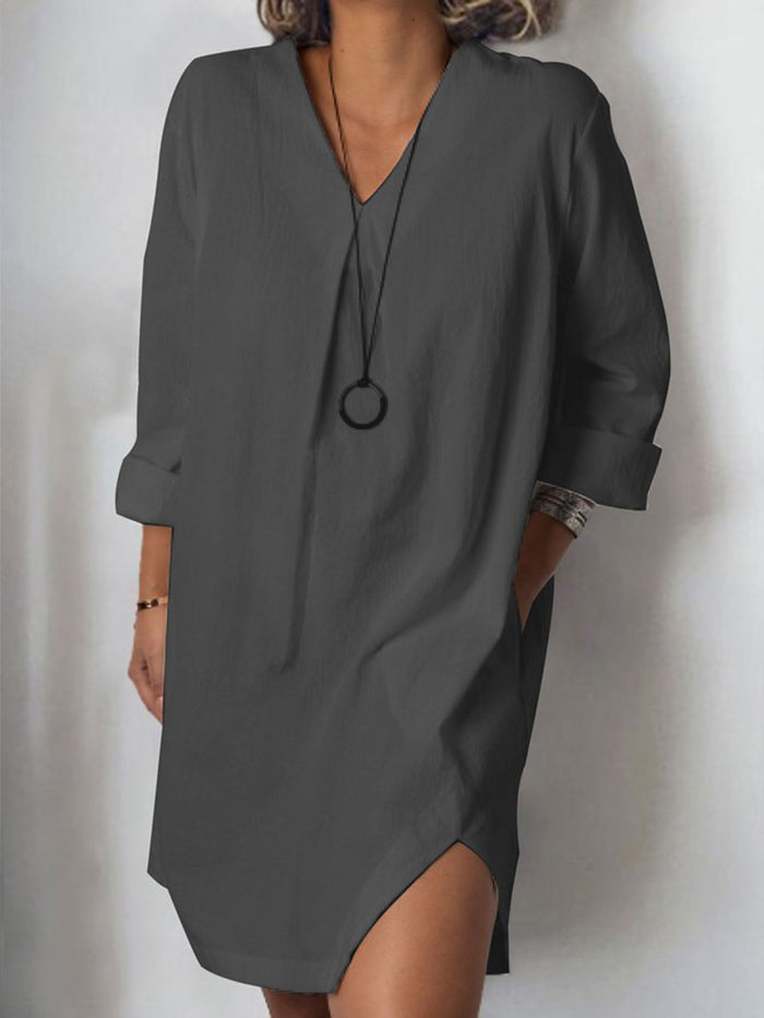 Casual Long Sleeve Cotton Solid Casual Dress