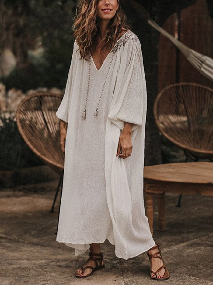 Casual Long Sleeve Round Neckline Printed Solid Color Dress