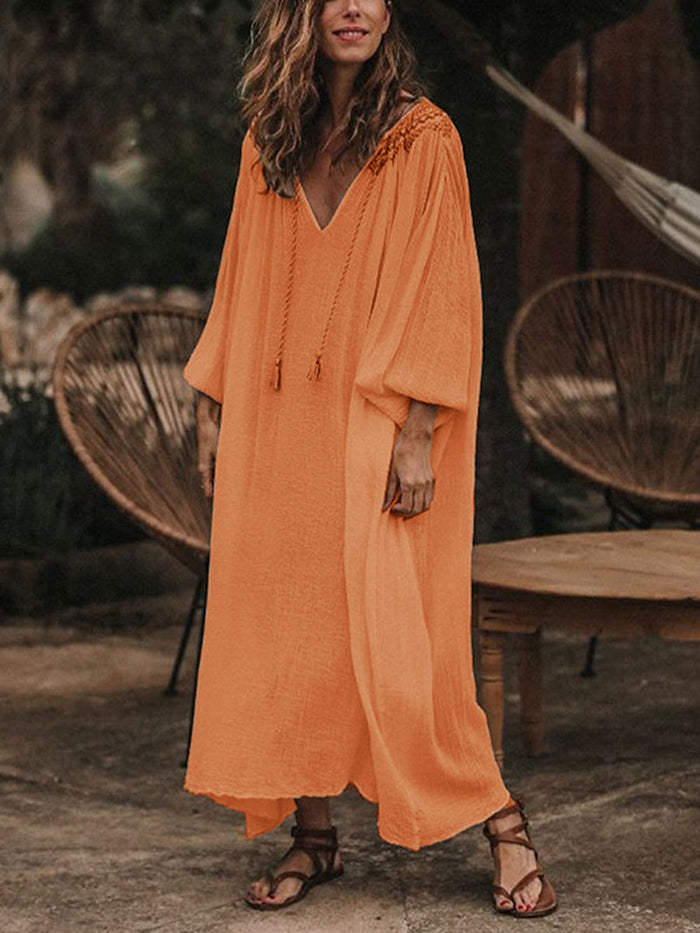 Casual Long Sleeve Round Neckline Printed Solid Color Dress