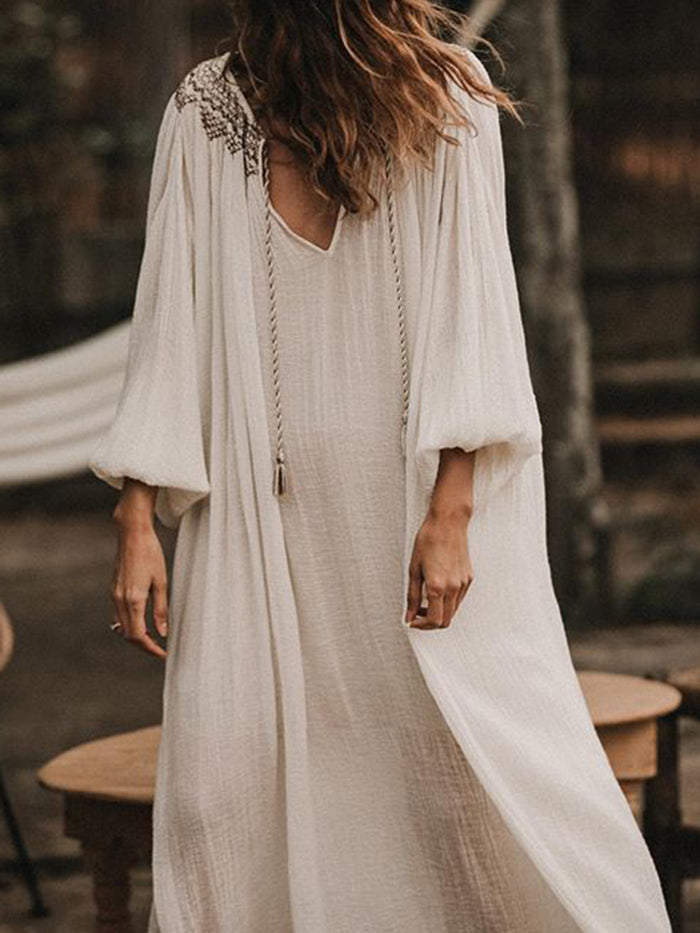 Casual Long Sleeve Round Neckline Printed Solid Color Dress