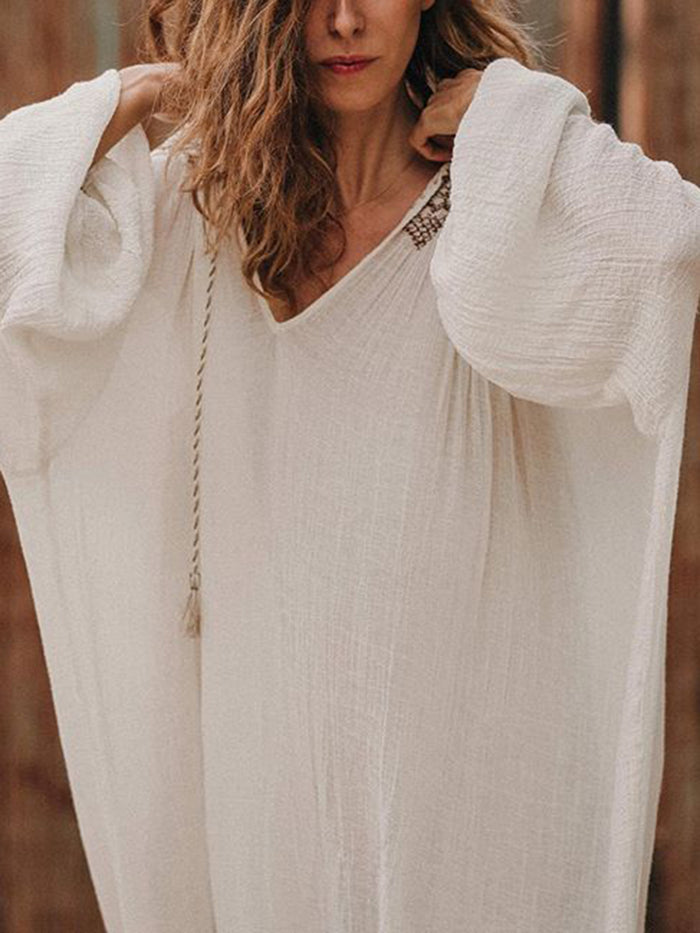 Casual Long Sleeve Round Neckline Printed Solid Color Dress