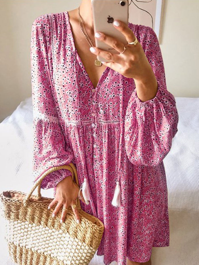 Casual Long Sleeve V-neck Floral Dress