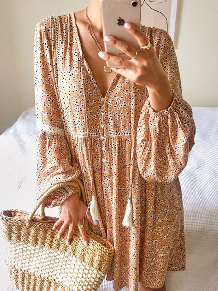 Casual Long Sleeve V-neck Floral Dress