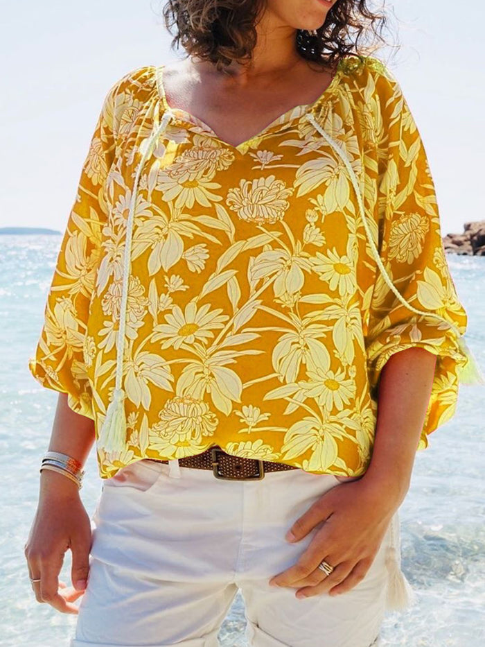 Casual Loose Floral Print Short Sleeve Top