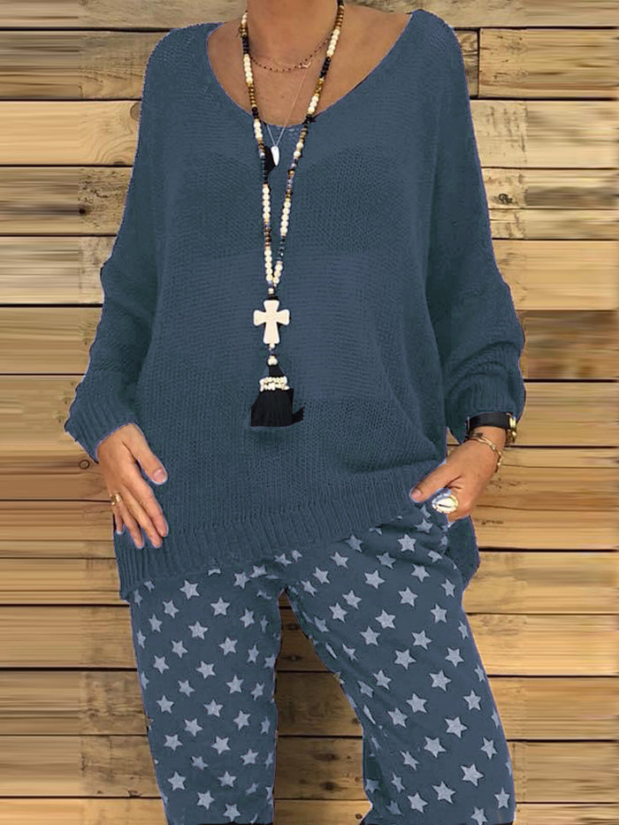 Casual Loose Knit Long Sleeve Top Pants Knitted Suit
