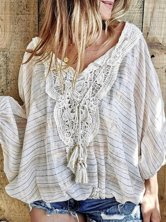 Casual Loose Lace Stitching Long Sleeve Top