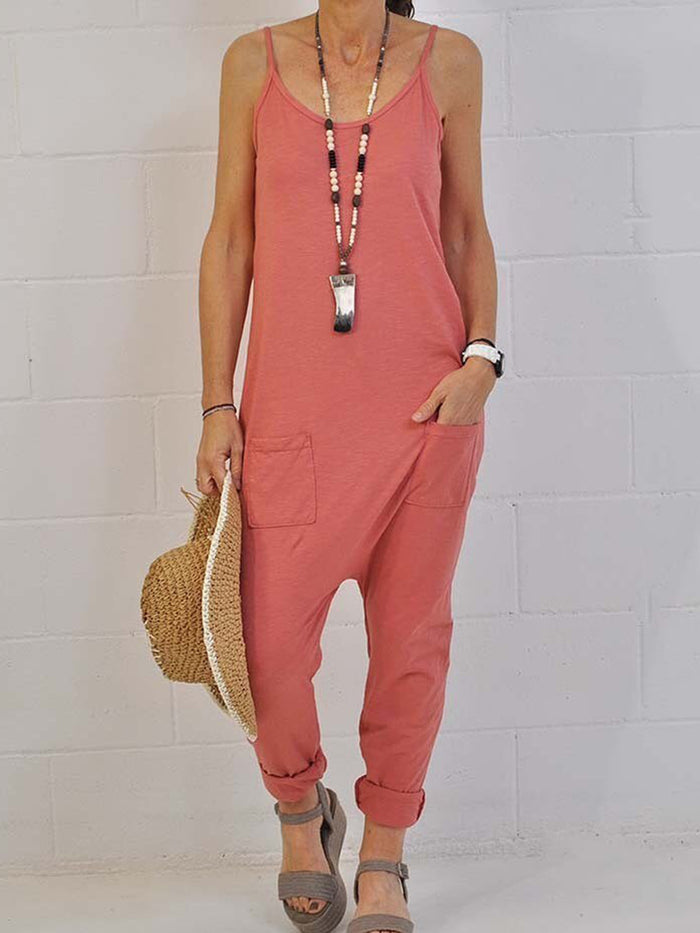 Casual Loose Round Collar Solid Color Suspender Jumpsuit
