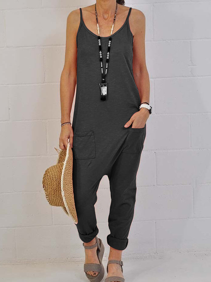 Casual Loose Round Collar Solid Color Suspender Jumpsuit