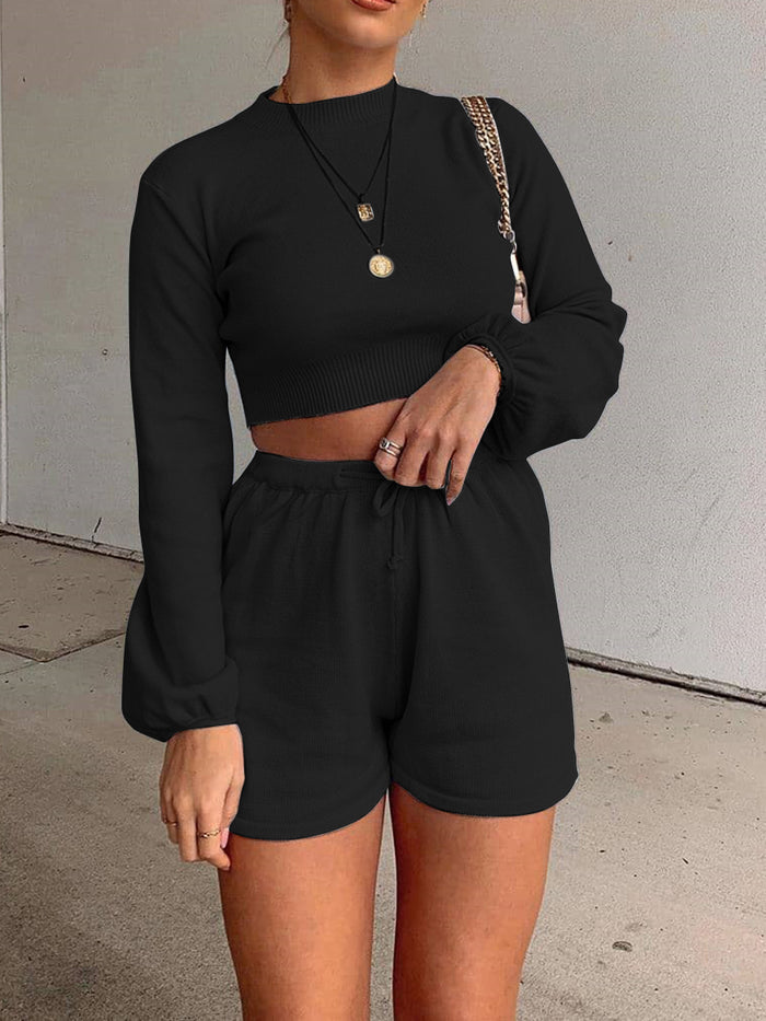 Casual Loose Solid Color Bubble Sleeve Two-piece Suit