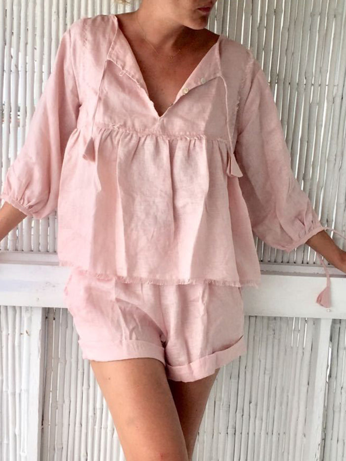 Casual Loose Solid Color Mid-sleeved Top and Shorts Two-piece Suit