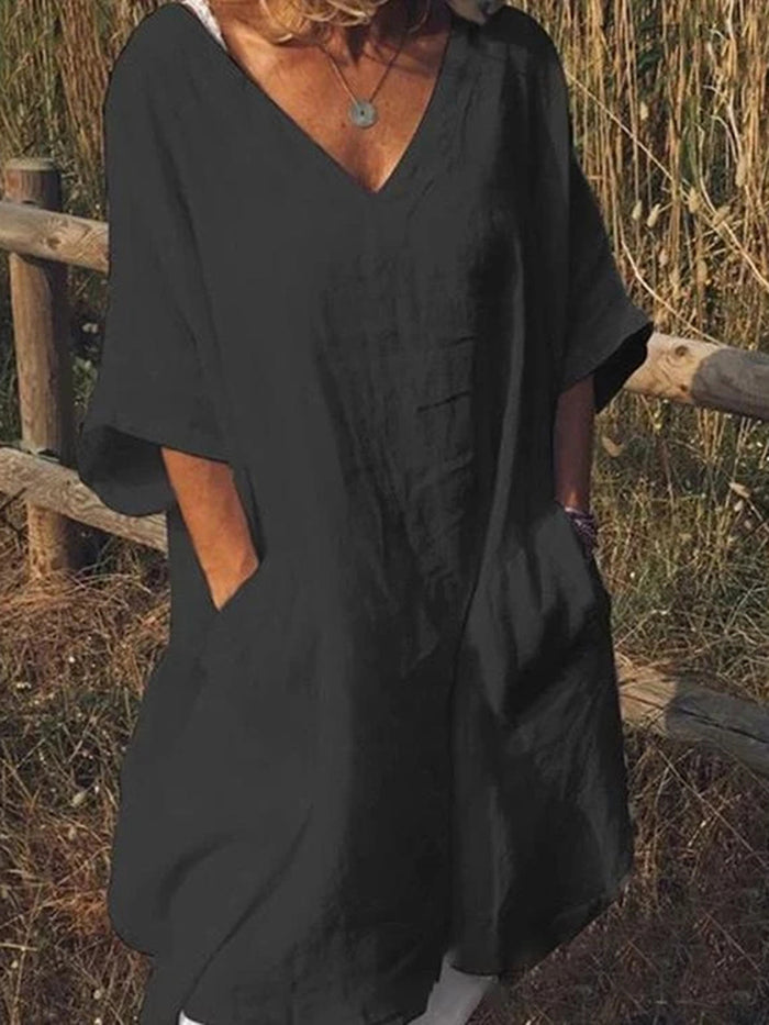 Casual Loose Solid Color Mid-sleeved V-neck Dress