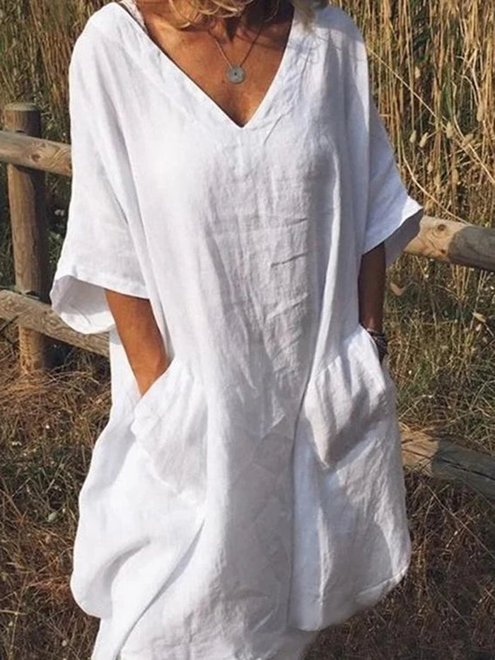 Casual Loose Solid Color Mid-sleeved V-neck Dress