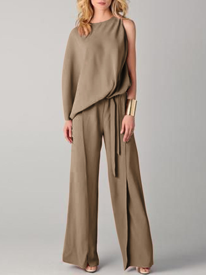 Casual Loose Solid Color One Shoulder Top Flare Pants Set