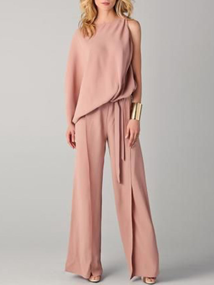 Casual Loose Solid Color One Shoulder Top Flare Pants Set