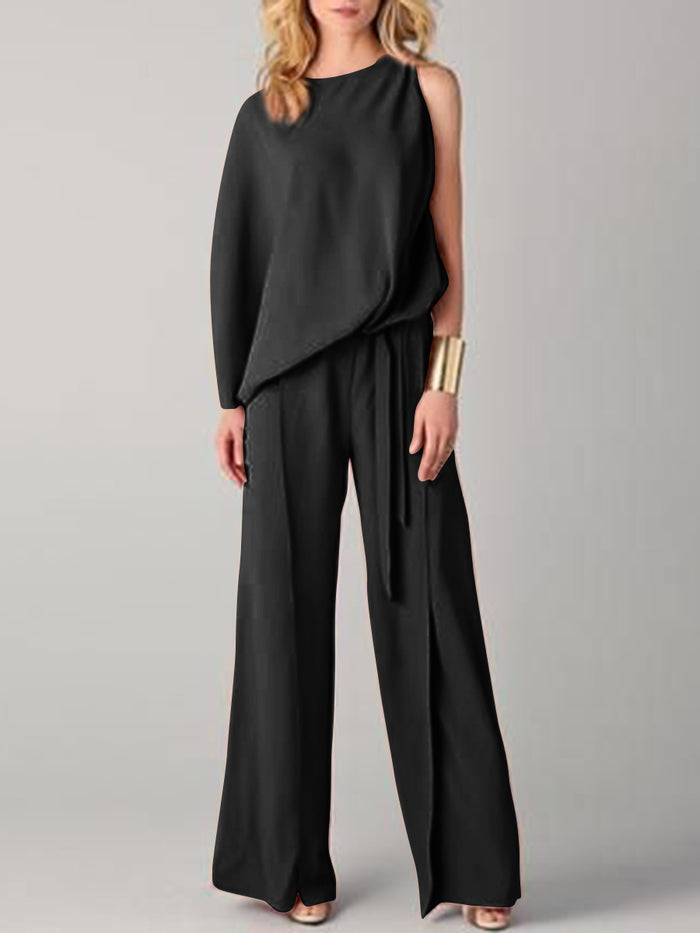 Casual Loose Solid Color One Shoulder Top Flare Pants Set