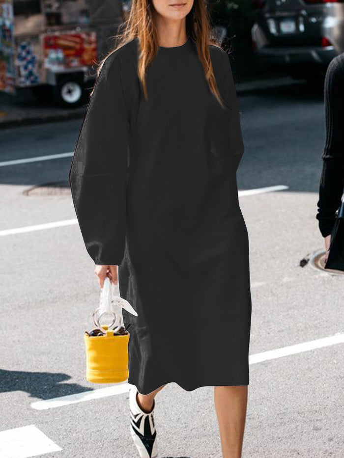 Casual Loose Solid Color Round Neck Long Sleeve Dress
