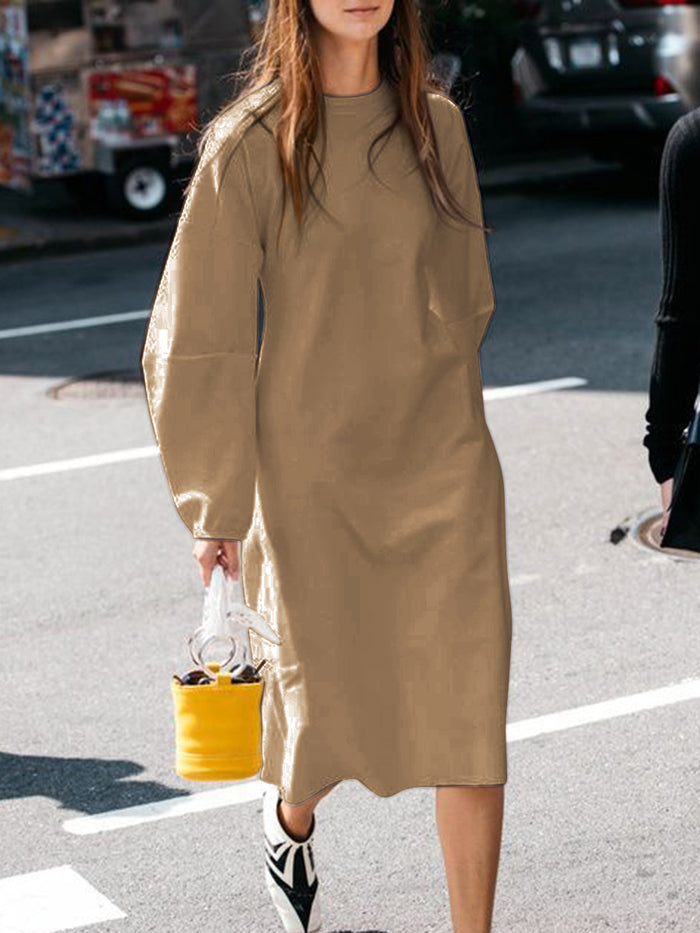 Casual Loose Solid Color Round Neck Long Sleeve Dress