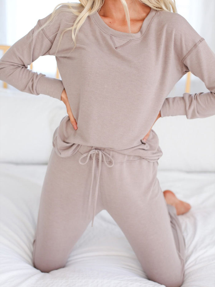 Casual Loose Solid Color Round Neck Long Sleeve Top Trousers Two-piece Suit