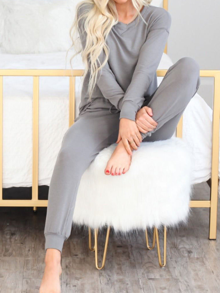 Casual Loose Solid Color Round Neck Long Sleeve Top Trousers Two-piece Suit