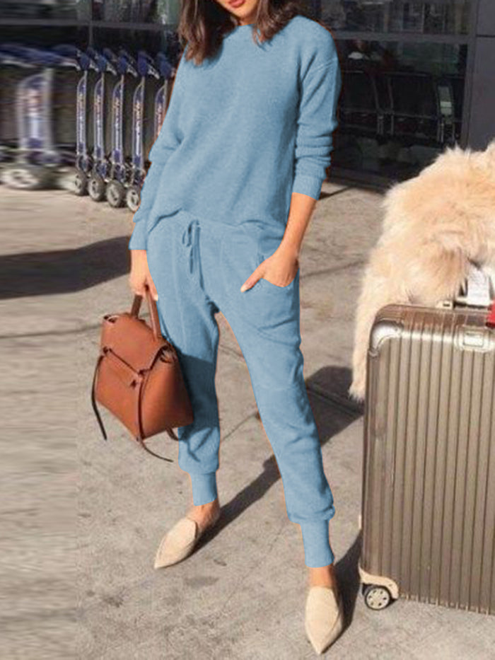 Casual Loose Solid Color Shirt Straps Trousers Knitted Two-piece Suit