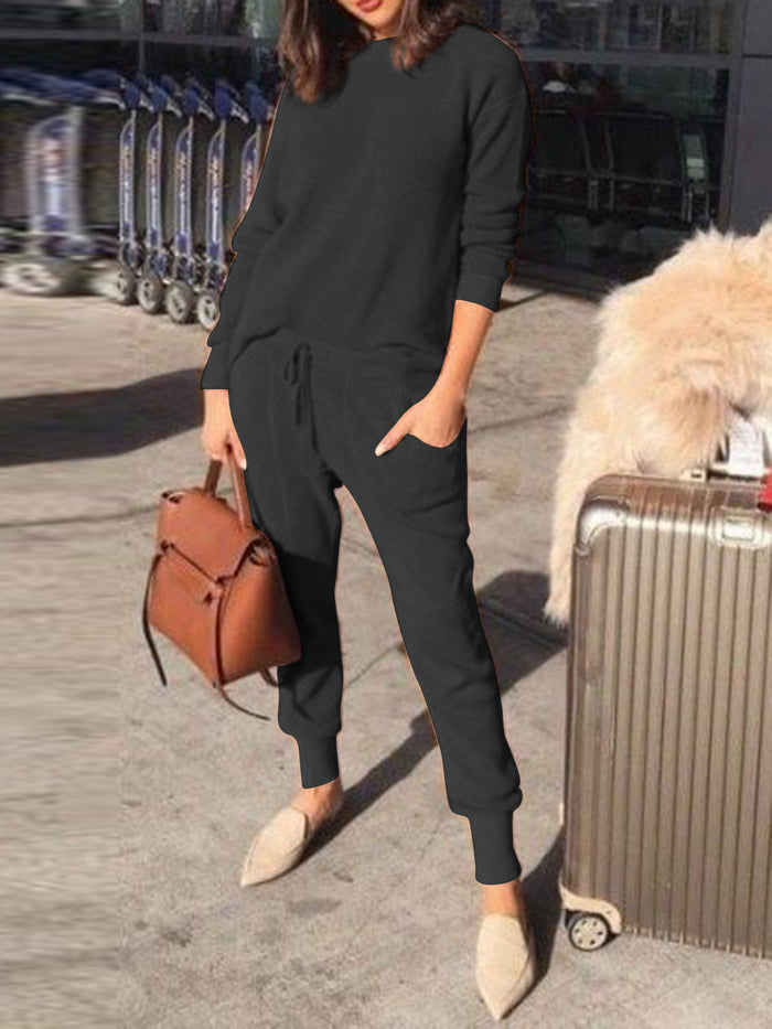 Casual Loose Solid Color Shirt Straps Trousers Knitted Two-piece Suit