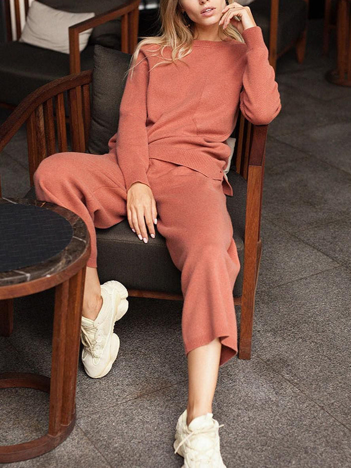 Casual Loose Solid Color Shirt Trousers Knitted Two-piece Suit
