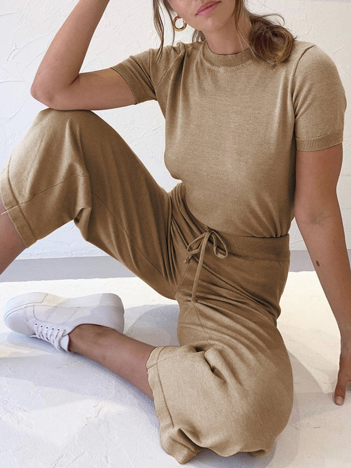 Casual Loose Solid Color Short Sleeve Two-piece Suit