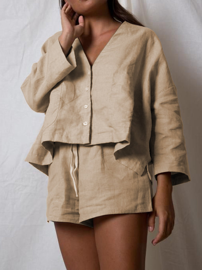 Casual Loose Solid Color Short Sleeve Two-piece Suit