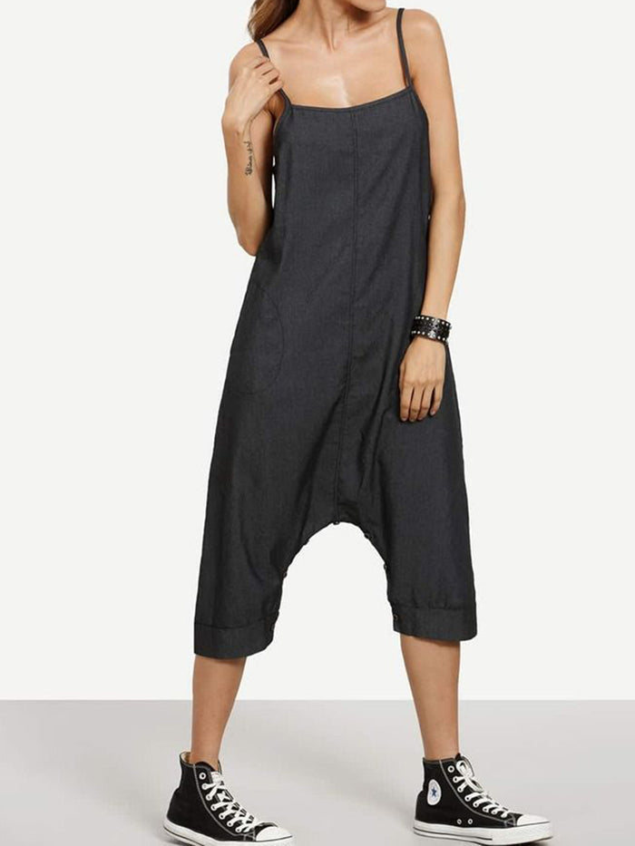 Casual Loose Solid Color Strap Neck Jumpsuit