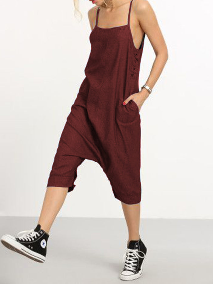Casual Loose Solid Color Strap Neck Jumpsuit