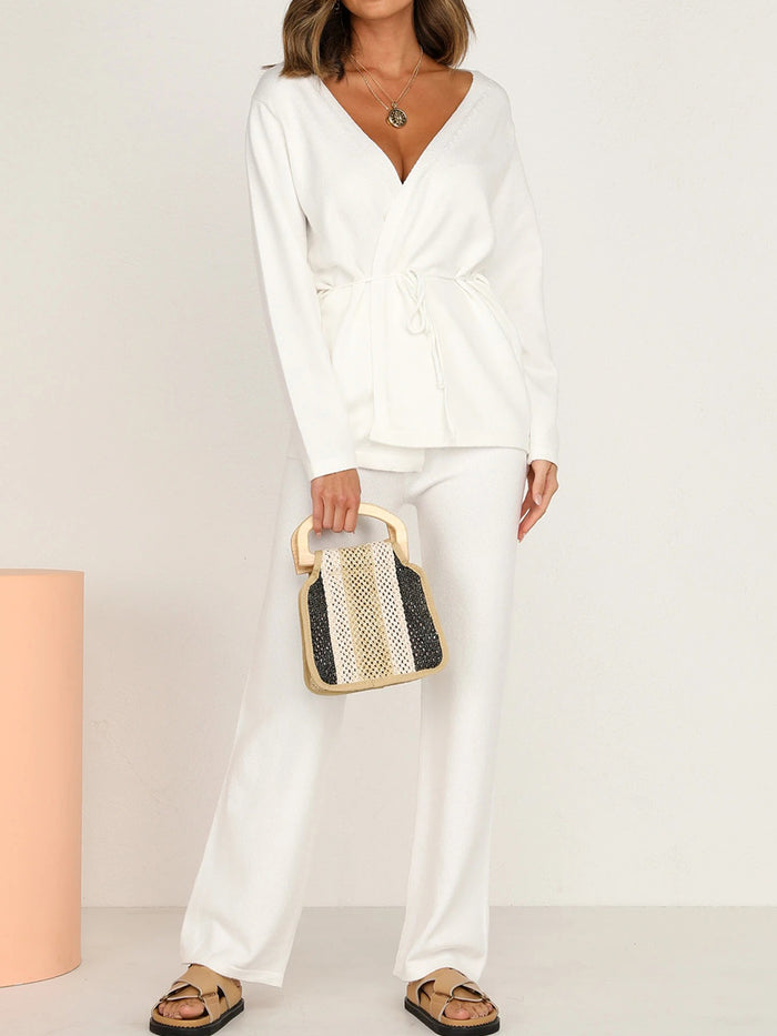 Casual Loose Solid Color V-neck Long Sleeve Two-piece Suit