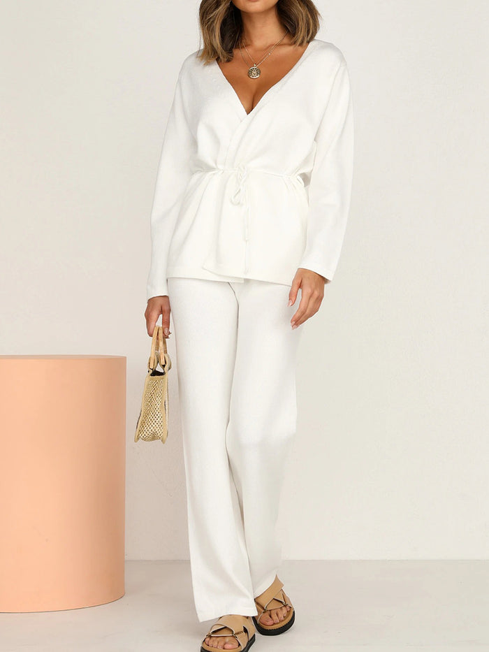 Casual Loose Solid Color V-neck Long Sleeve Two-piece Suit