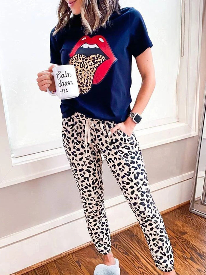 Casual Loose T-Shirt Pants Leopard Print Suit